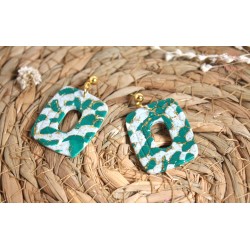 Boucles d'oreille pendantes - tâche verte/blanc et or
