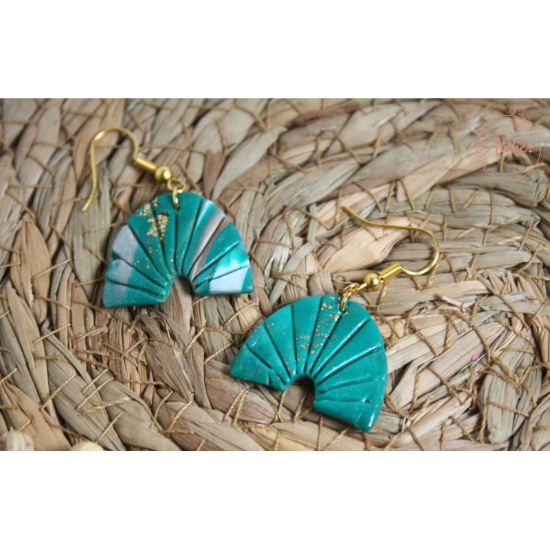 Boucles d'oreille pendantes - arc bleu/blanc et or