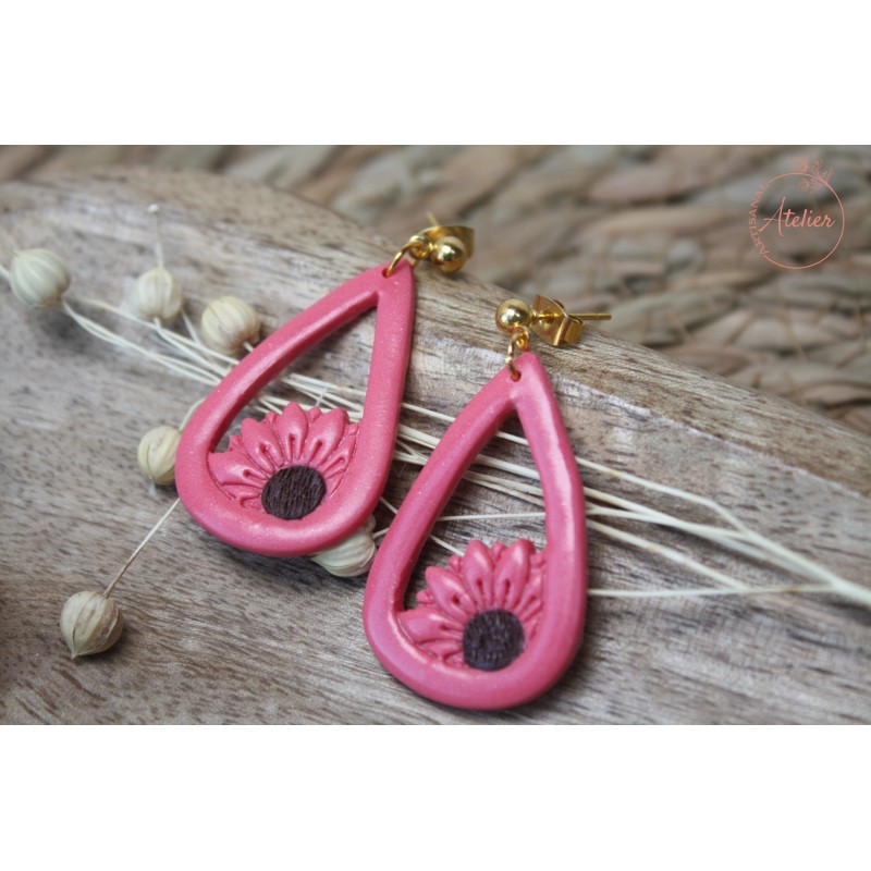 Boucles d'oreille pendantes - Fleur rose et brun