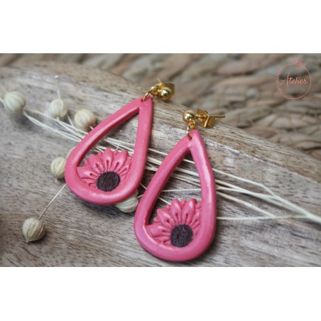 Boucles d'oreille pendantes - Fleur rose et brun