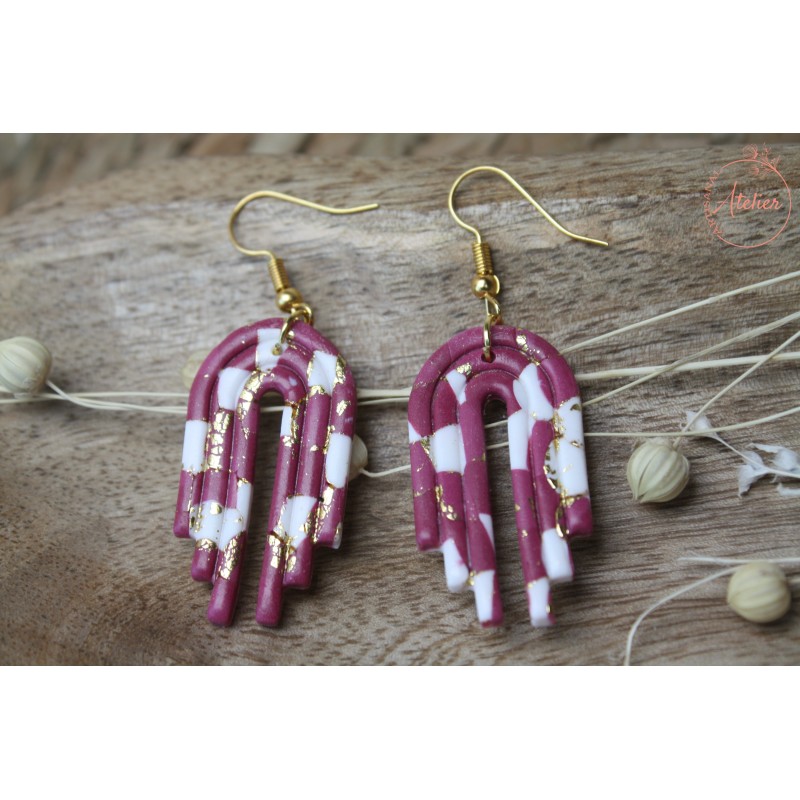 Boucles d'oreille pendantes - Arc escalier mauve, blanc et or
