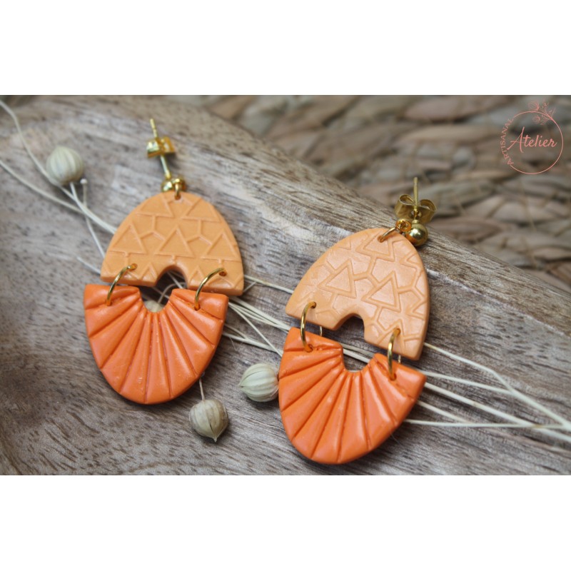 Boucles d'oreille pendantes - Bi couleur orange texturé