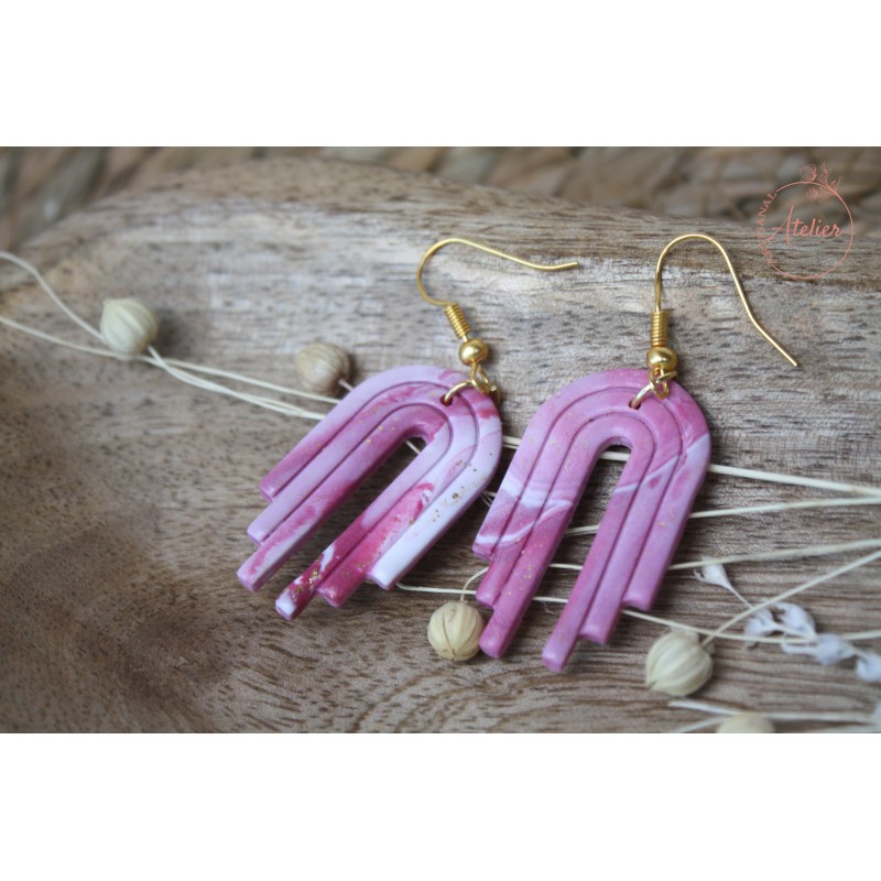 Boucles d'oreille pendantes - Arc escalier marbré blanc, rose et or
