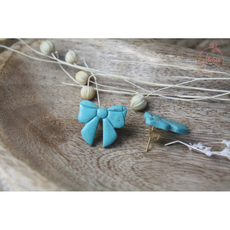 Puces d'oreille - Nœud bleu paillette