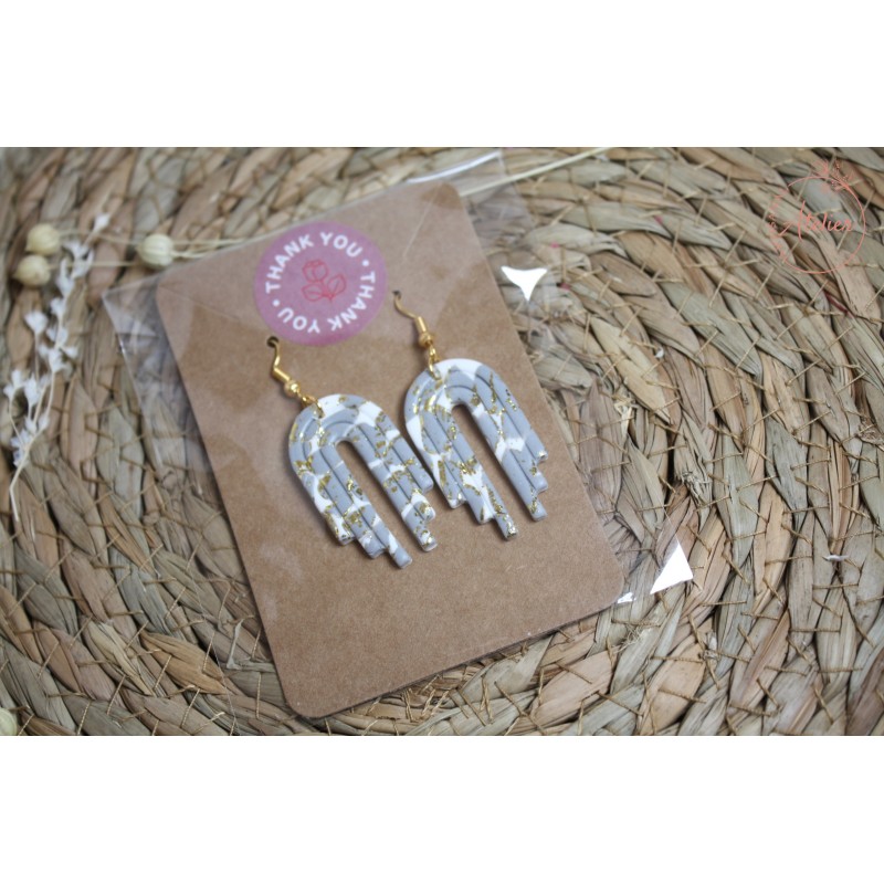 Boucles d'oreille pendantes - Arc escalier gris, blanc et or