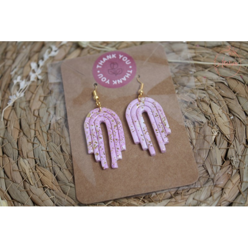 Boucles d'oreille pendantes - Arc escalier rose pailletté