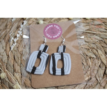 Boucles d'oreille pendantes - Carré gris et noir