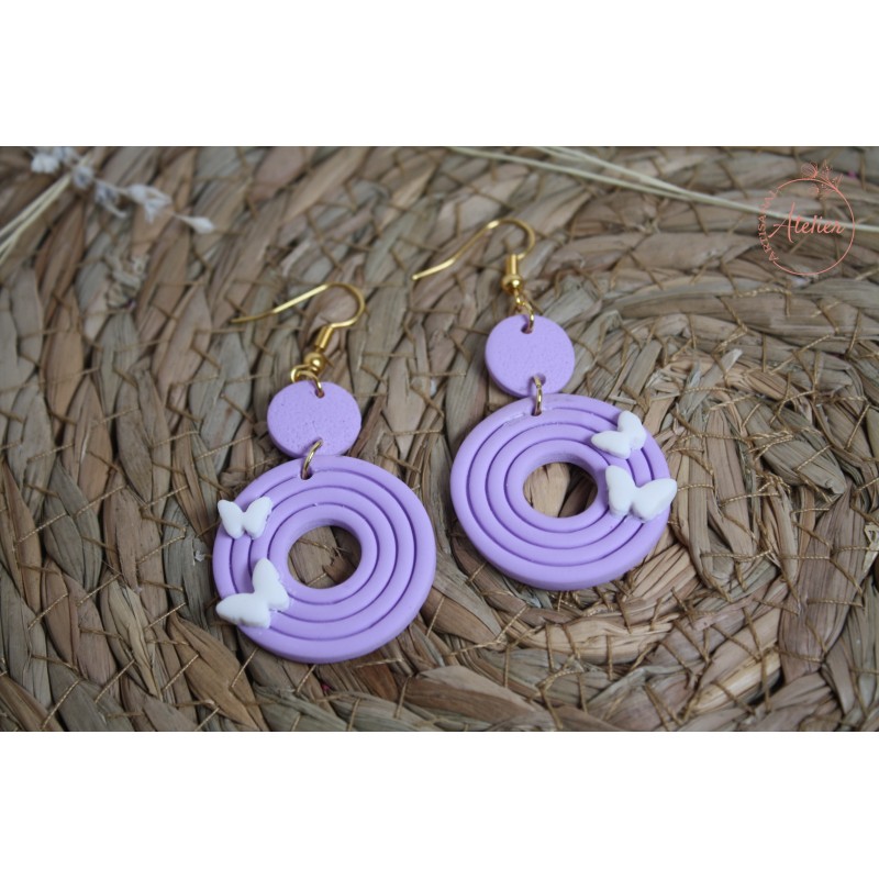 Boucles d'oreille pendantes - Mauve papillons