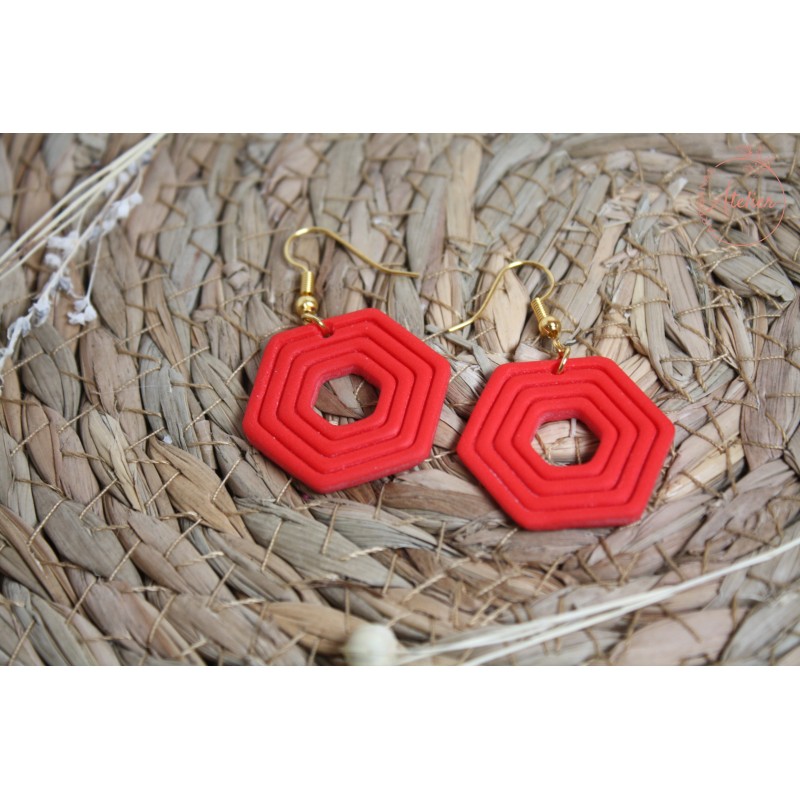 Boucles d'oreille pendantes - Hexagone rouge
